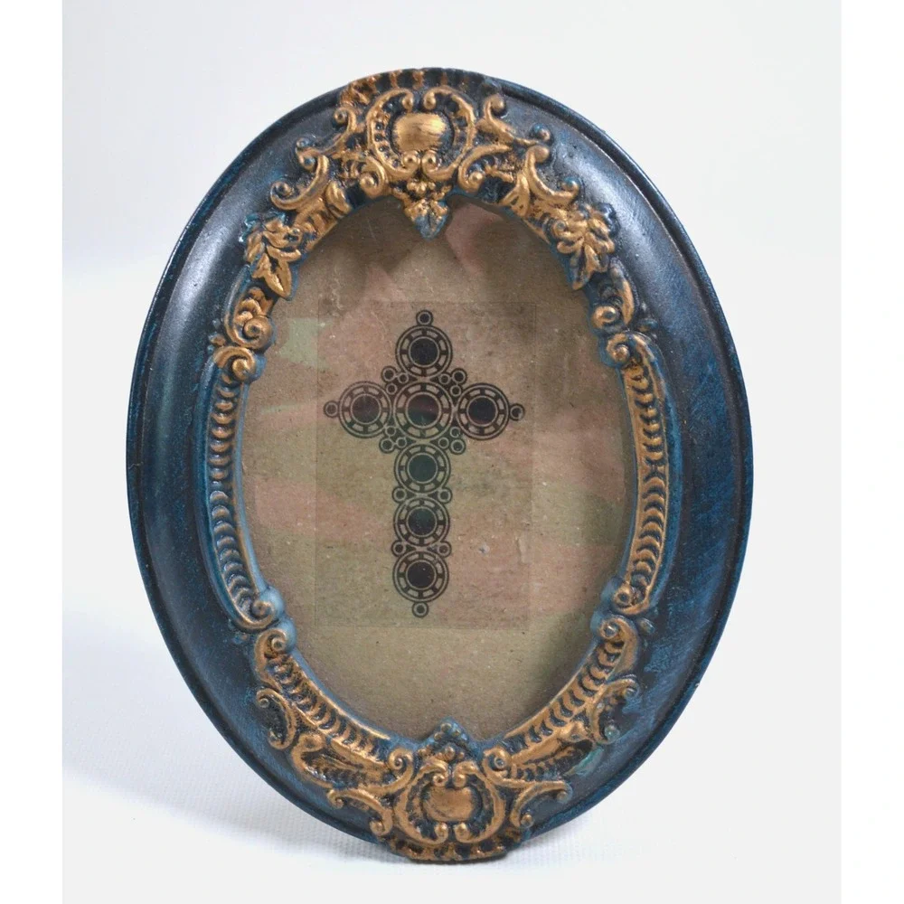 Vintage Style Oval Resin Photo Frame Blue Gold Gilt Ornate Baroque Tabletop